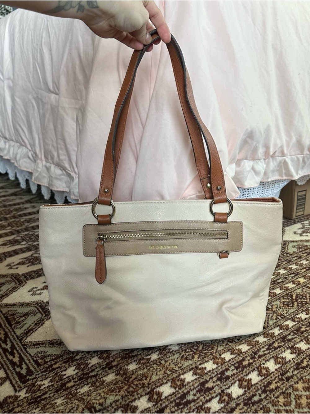 Liz Claiborne Cream and Brown Shoulder Tote